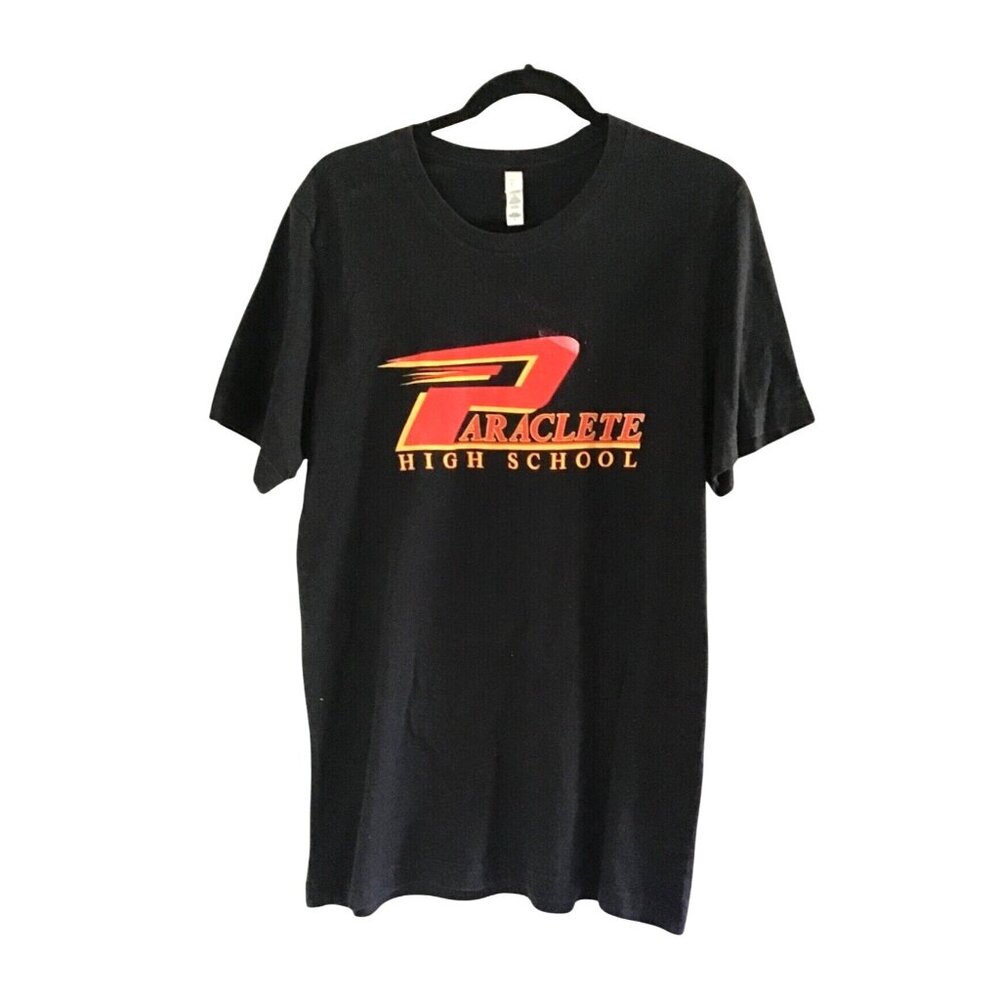 CANVAS- MENS BLACK FRONT LOGO "PARACLETE HIGH SCHOOL" COTTON T-SHIRT SIZE LARGE